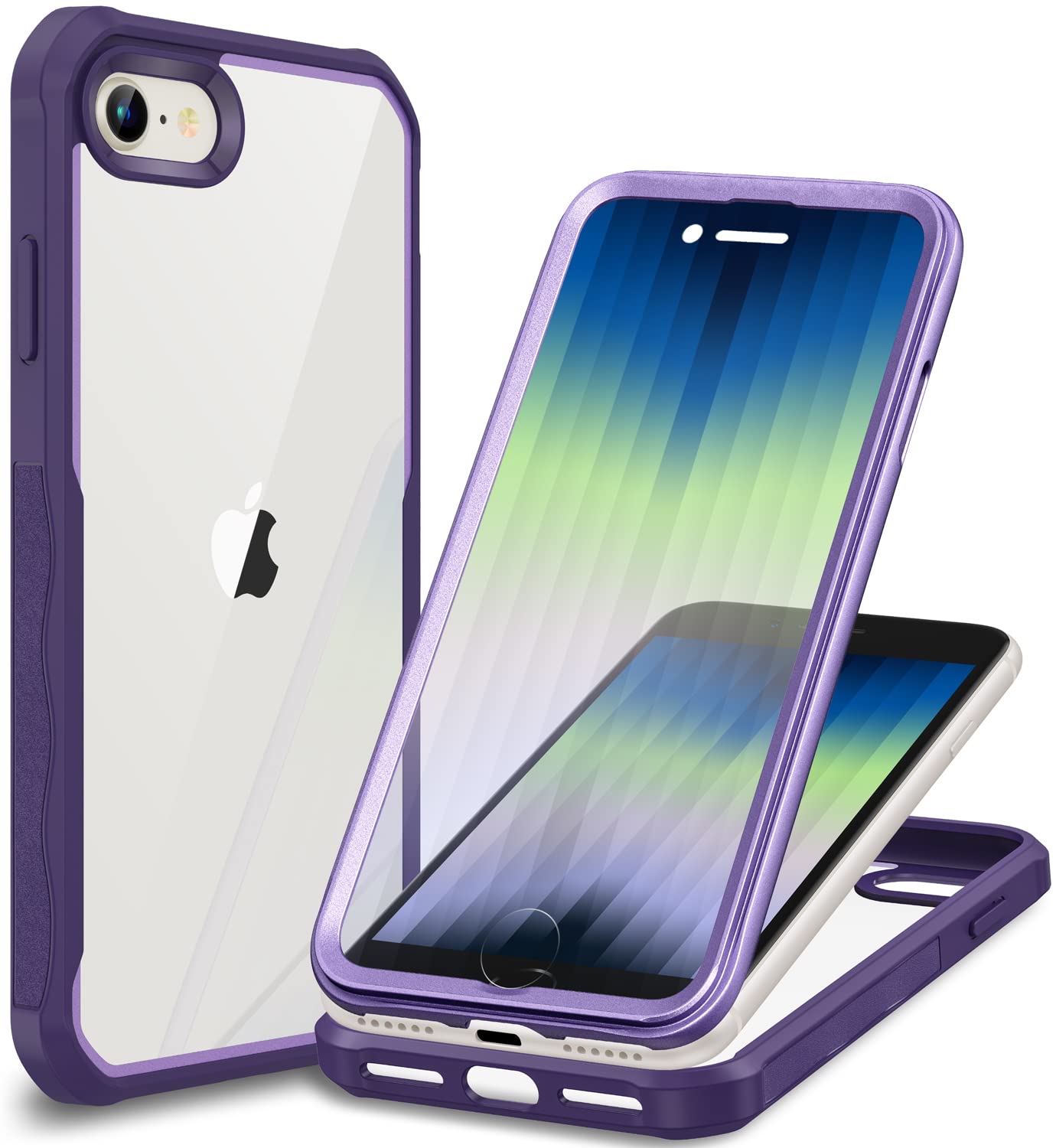 CENHUFO Compatible with iPhone SE 2020/2022 Case Built-in Glass Screen Protector, 360 Full Body Heavy Duty Protective Clear Back Cover for iPhone 8/7/ iPhone SE2/SE3 Case 4.7" -Purple