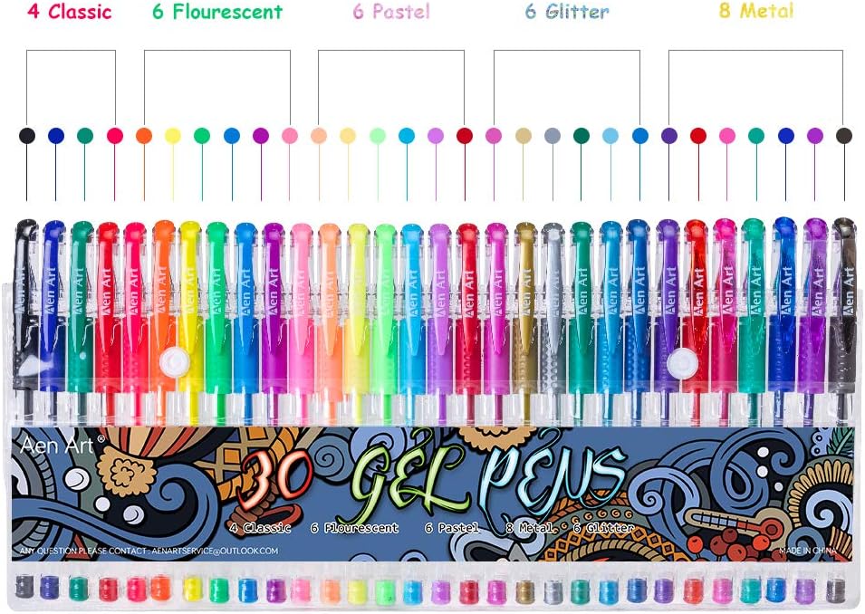 Gel Pens, 30 Colors Gel Marker Set Colored Pen with 40% More Ink for Adult Coloring Books, Drawing, Doodling Crafts Scrapbooks Bullet Journaling : Office Products