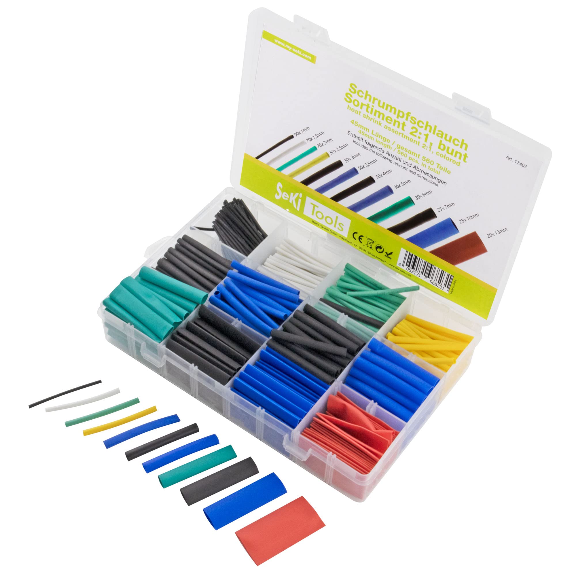 SeKi Heat Shrink Tube Assortment Colourful 560 Pieces in 6 Sizes (1 mm - 13 mm; Shrink Ratio 2:1) Each 4.5 cm Long