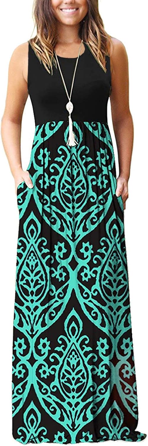 AUSELILY Women's Summer Sleeveless Loose Plain Maxi Dress Casual Long Dress with Pockets at  Women’s Clothing store