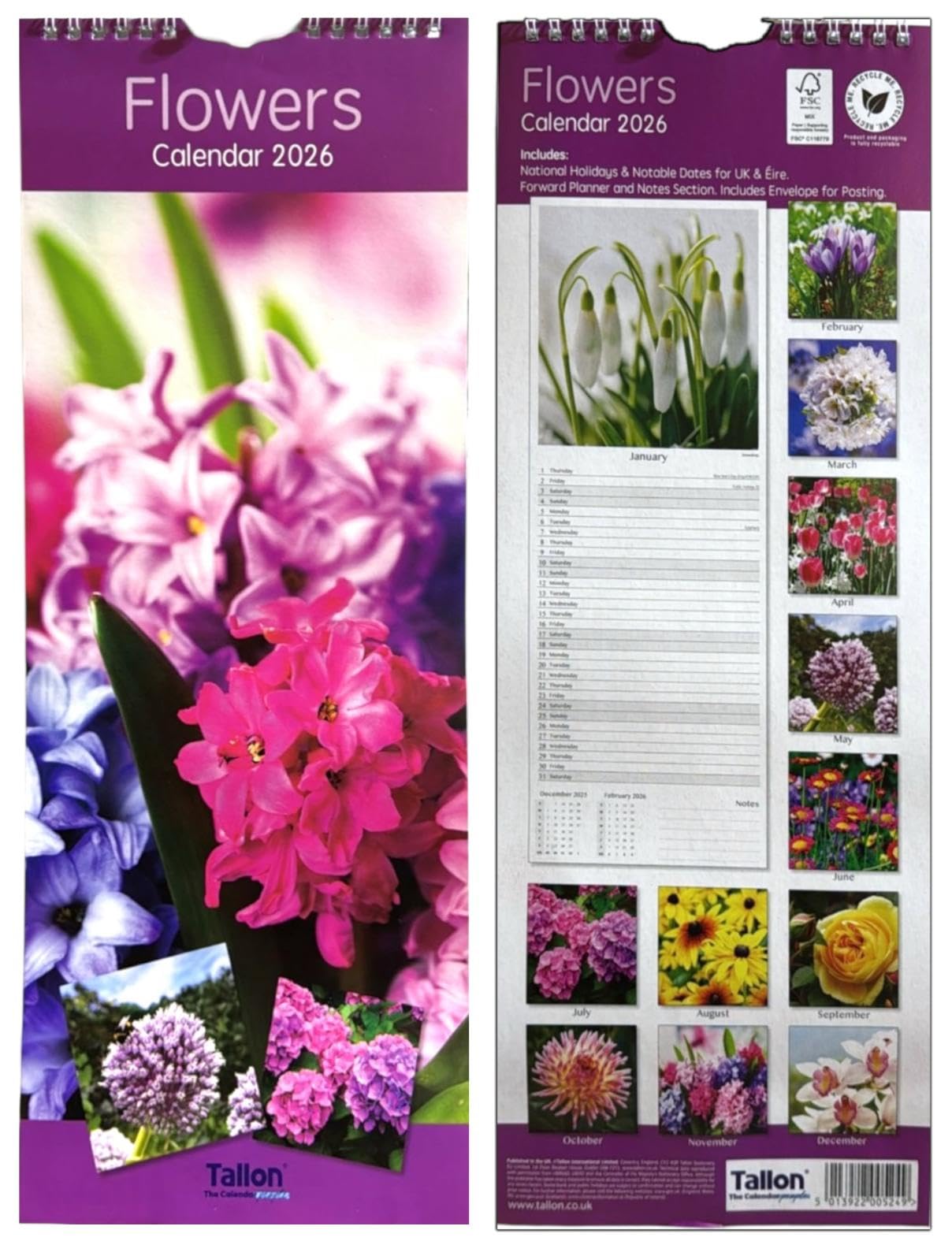 2026 Super Slim Month to View Spiral Bound Hanging Wall Calendar Home Office (FLOWERS)