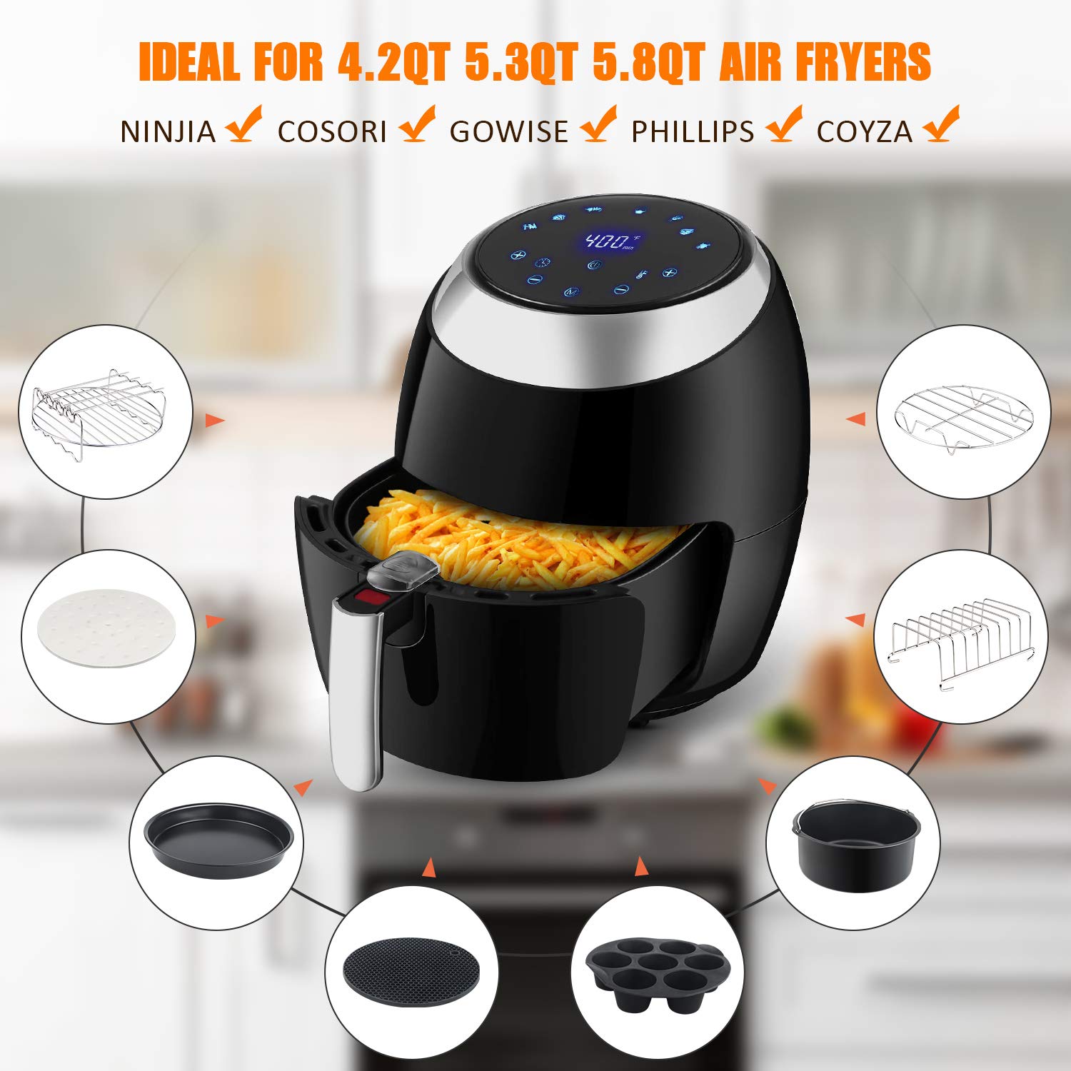 Air Fryer Accessories XL, 8 Inch Set Of 17 For Gowise USA Phillips Ninjia Cosori Cozyna 4.2QT 5.3QT 5.8QT Deep Air Fryer With 3 Magnetic Cheat Sheets And Recipes Cookbook Universal Accessories