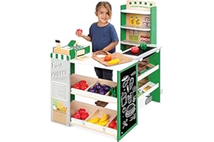 Best Choice Products Pretend Play Grocery Store Wooden Supermarket Toy Set for Kids w/Play Food, Chalkboard, Cash Register, Working Conveyor - Green