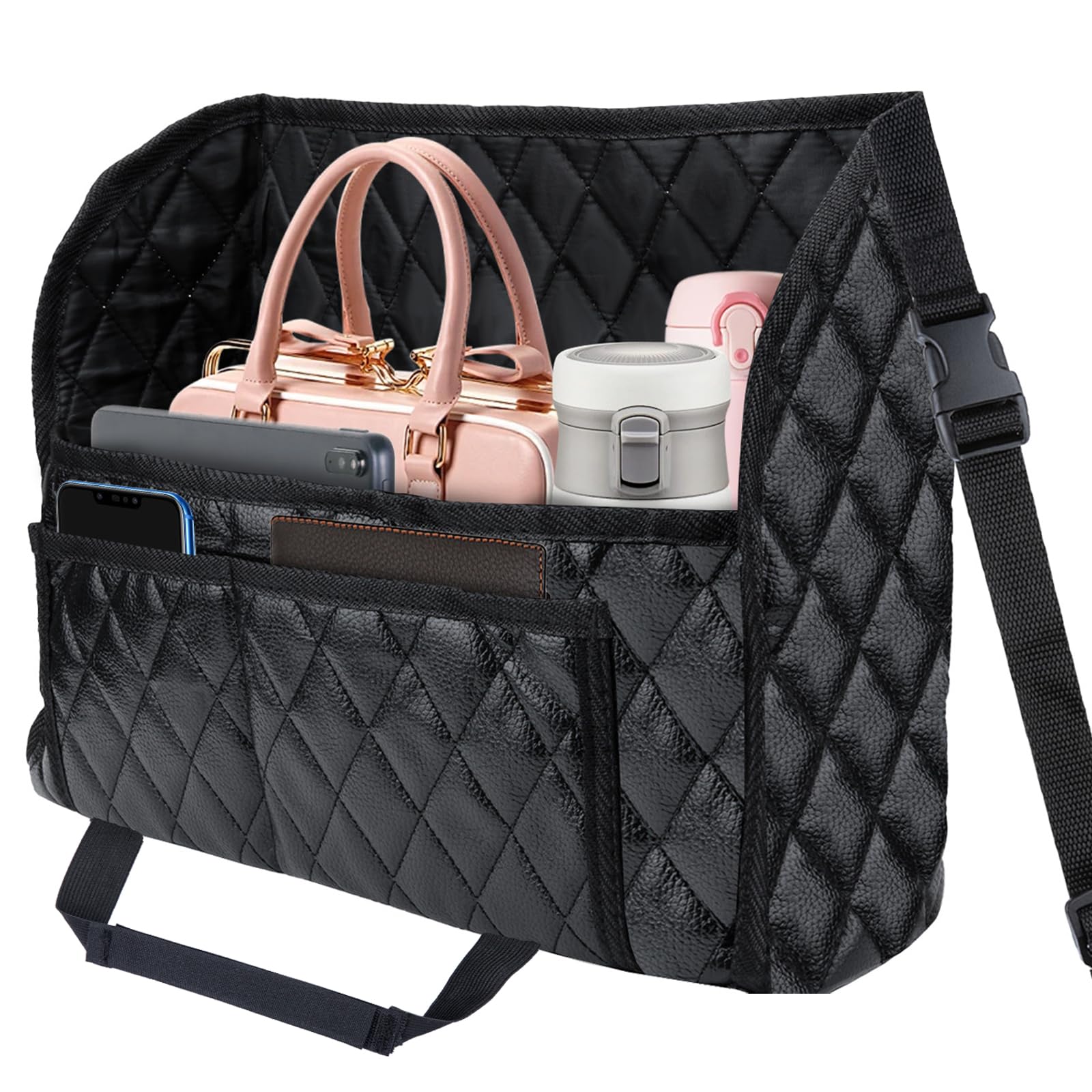 Photo 1 of BFXM Car Purse Holder Between Seats, Leather Auto Front Seat Handbag Organizer Pocket, Large Capacity Car Net Pocket Handbag Holder, Backseat Barrier Storage Bag for Kids Pet, Fits for Car, Truck, SUV