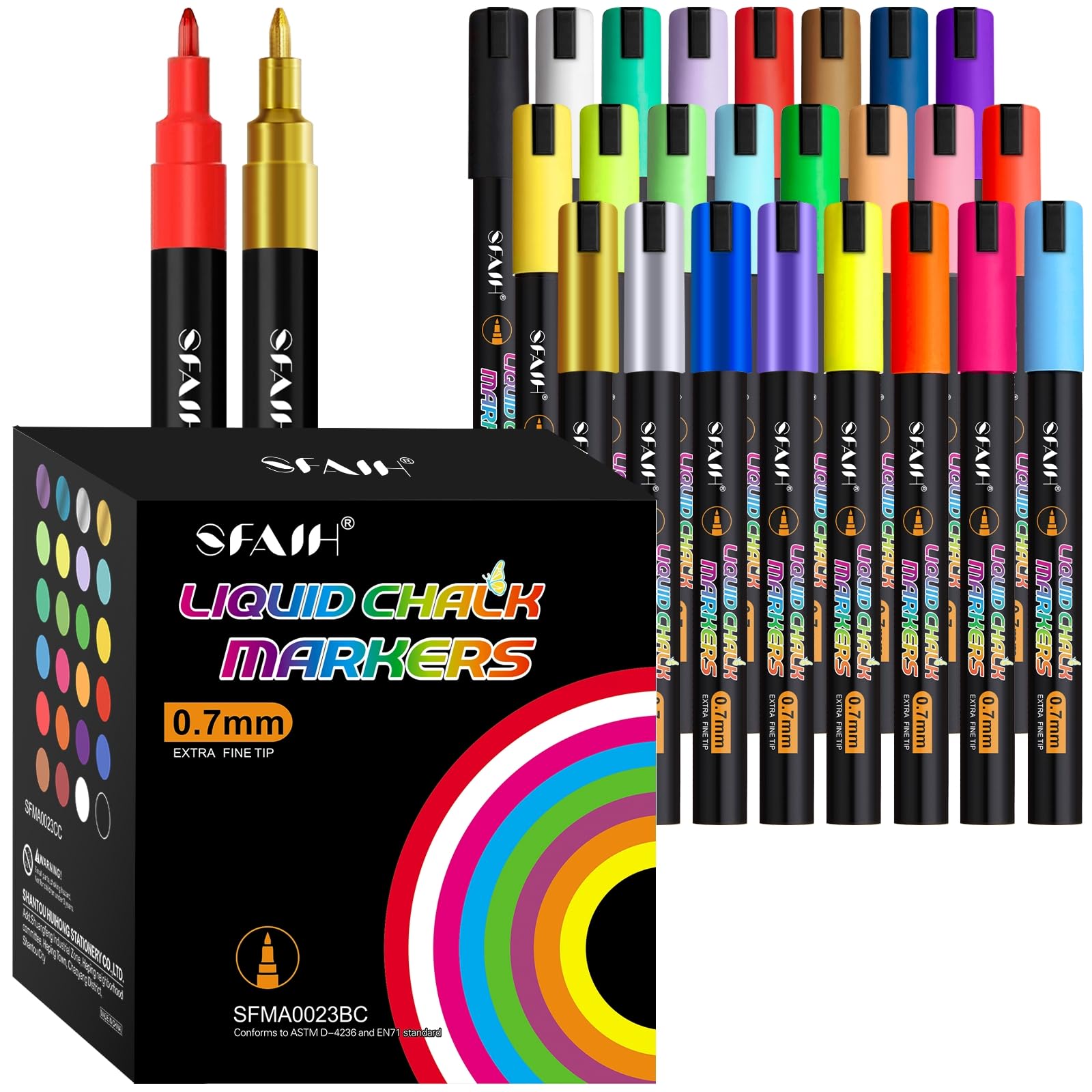 Photo 1 of SFAIH Liquid Chalk Markers - 24 Colors 0.7-1mm Fine Tip, Non-Toxic Chalk Pens for Chalkboard Calendar, Acrylic, Glass, Menus, Labels, Signs, Wet Wipe, Zero Dust, Ideal for Home, Business or Bistro