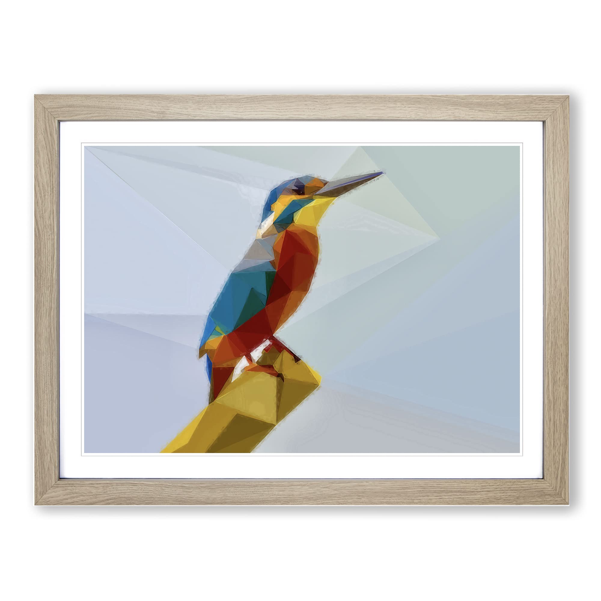 Geometric Kingfisher Bird In Abstract Modern Art Framed Print | A4 Oak Framed Wall Art | Ready to Hang | Abstract Fantasy Picture | Living Room Bedroom Lounge Office