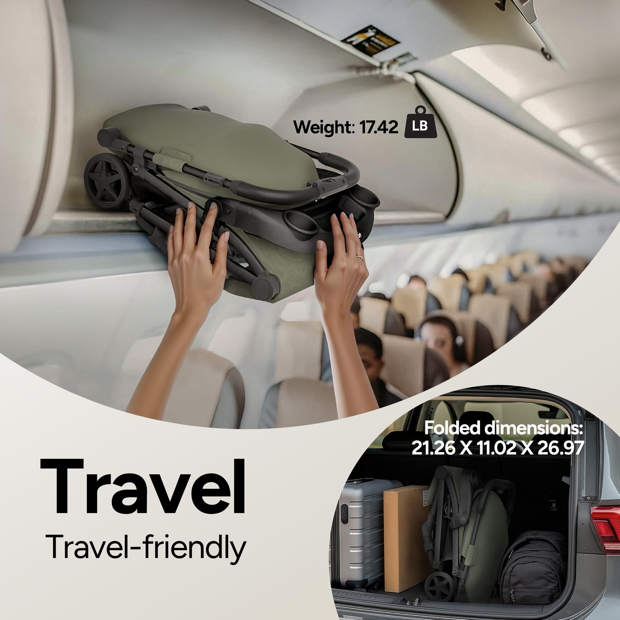 Mompush Lithe V2 Lightweight Travel Stroller, Compact Foldable Baby Stroller with Travel Bag, One-Hand Fold Stroller, Snack Tray, Mechanical Recline Seat, Airplane-Ready, UPF 50+ Canopy & Rain Cover