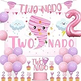 Two Nado Birthday Party Decorations for Girls, Tornado 2nd Birthday Party Decor with Two Nado Backdrop Banner Cake Topper, Number 2 Balloon, Baby Girl 2 Year Old Birthday Supplies