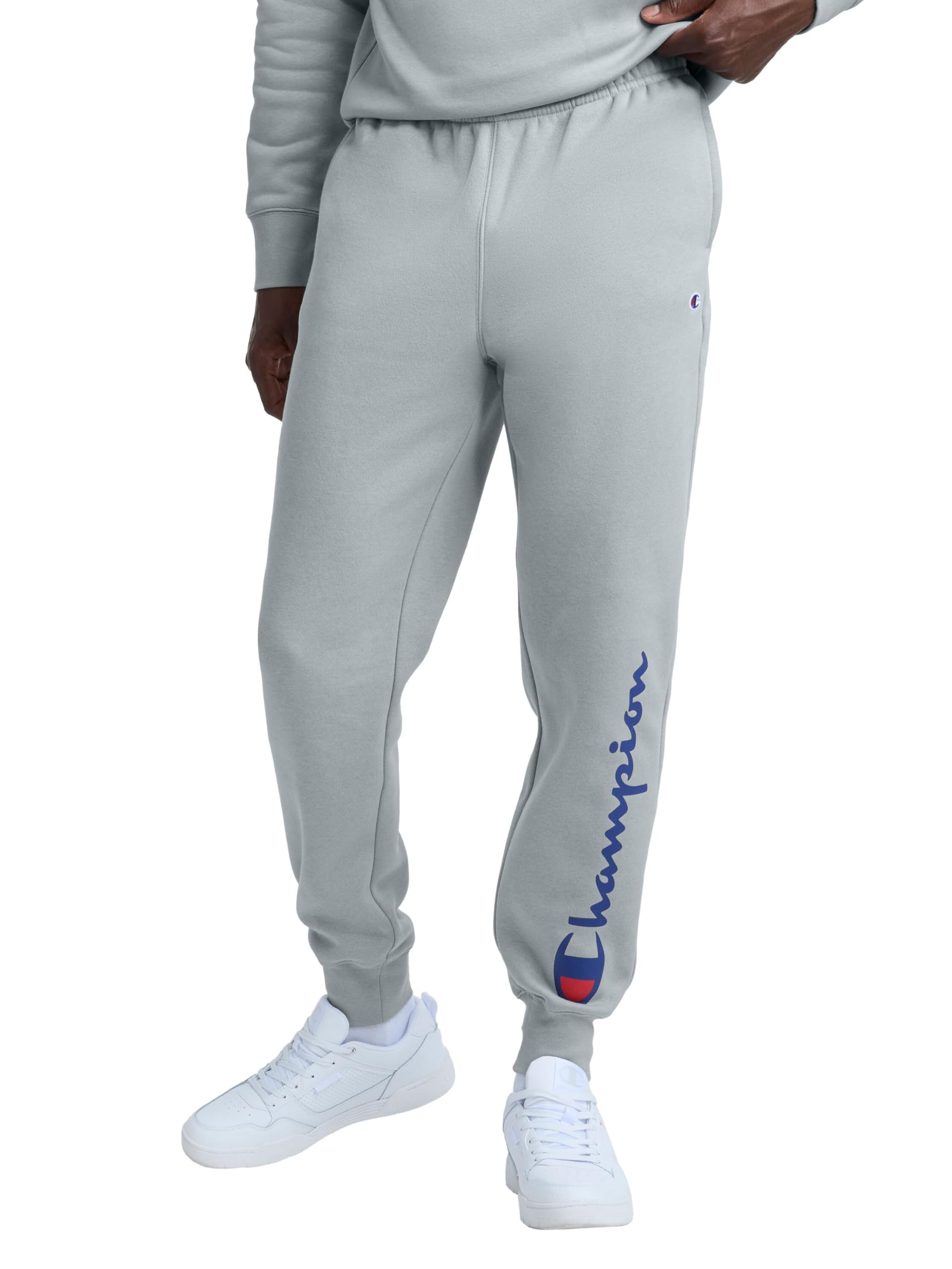 Champion Men's Fleece Joggers, Sweatpants, Standard Fit, Midweight, Script & C Logo, Available in Regular and Big & Tall, Quarry - Classic Script Logo, X-Large Image