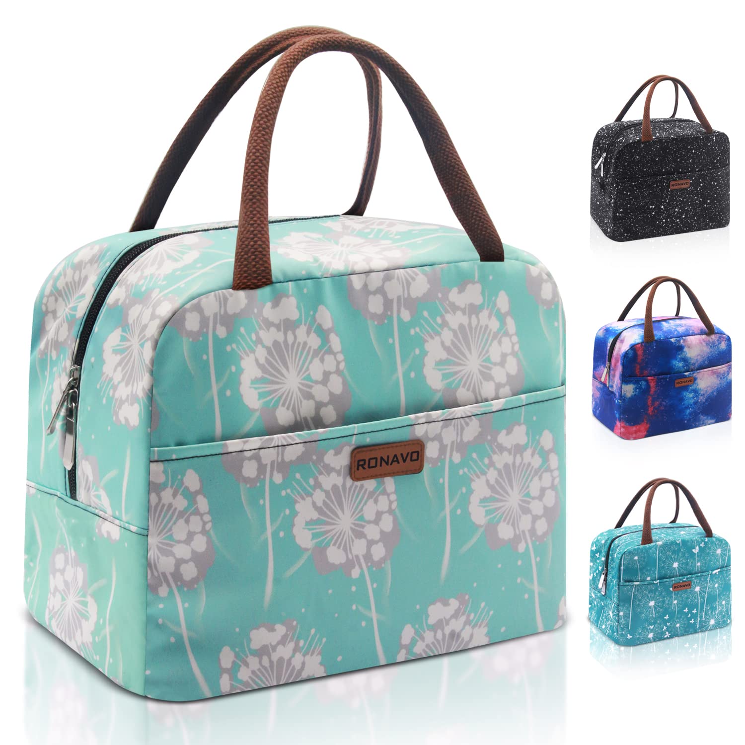 Lunch Bag for Work Cute Lunchboxes Women,Insulated Lunch Cooler,Large Capacity by RONAVO（Mint Green with Flower）