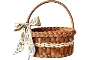 Wicker Basket with Handle, Large Portable Rattan Picnic Basket with Scarf Design Vintage Woven Hamper for Picnic Easter Egg F