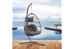 XIAO WEI Egg Chair with Stand - Patio Rattan Wicker Hanging Swing Egg Chair Hammock Chair for Indoor Outdoor Bedroom Garden - Aluminum Steel Frame and UV Resistant Cushion 350LBS Capacity (Dark Grey)