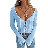 Tankaneo Women's Tie Front Crop Tops Bell Sleeve Scoop Neck Long Sleeve Blouses Crochet Sheer Knit Shrug Shirts