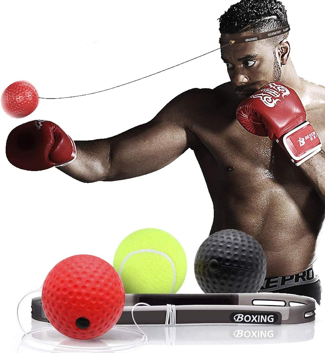 Funpkin Boxing Reflex Ball - 3 Difficulty Level Reaction Balls with Headband, Fight Ball for Improve Speed Reactions and Hand Eye Coordination, Home Sports for Boxing, Combat Sports Training, Fitness