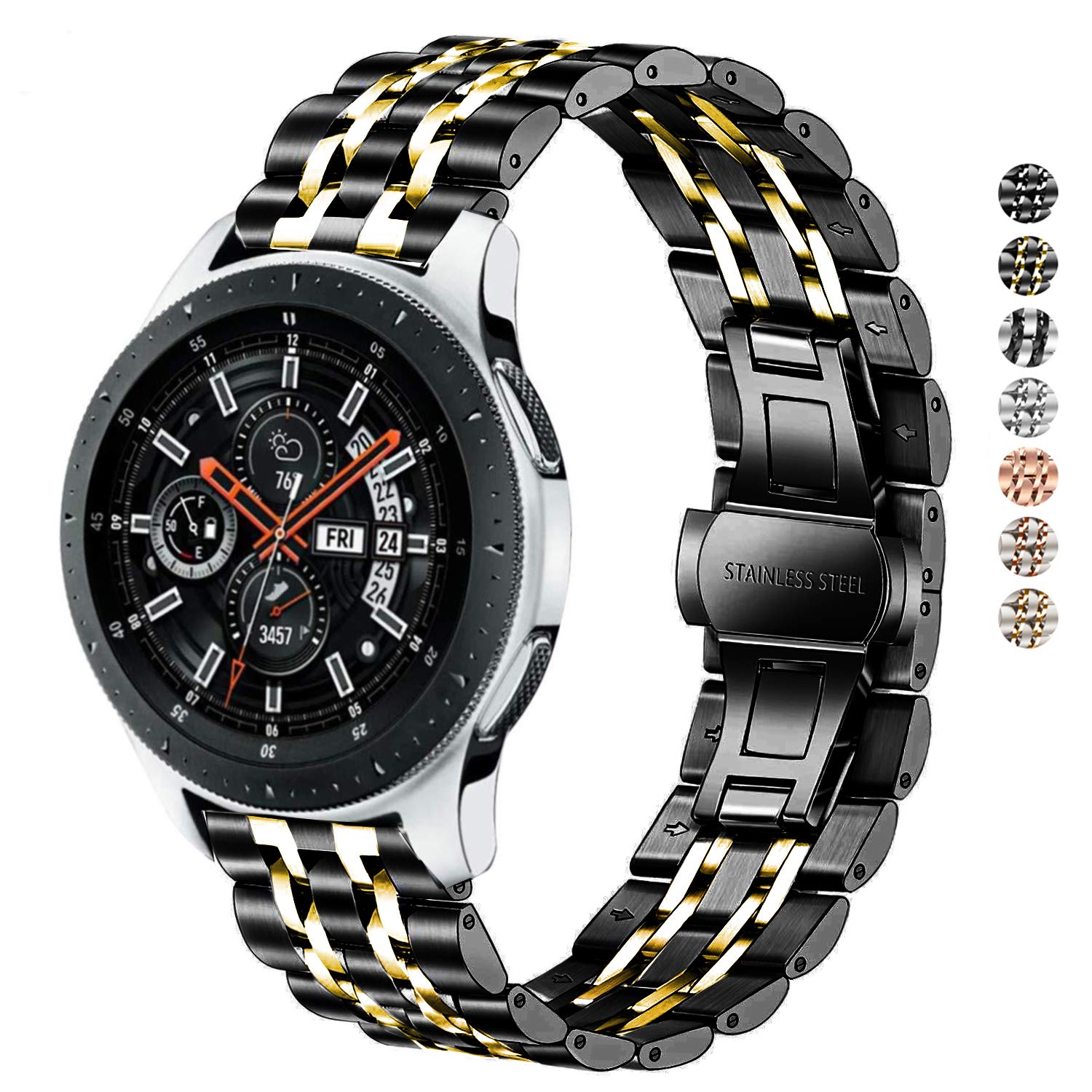 DEALELE Strap Compatible with Samsung Gear S3 / Galaxy Watch 46mm / Galaxy 3 45mm, 22mm Stainless Steel Metal Replacement Bands for Huawei Watch 3/3 Pro / GT3 46mm / GT2 46mm (Black/Gold)