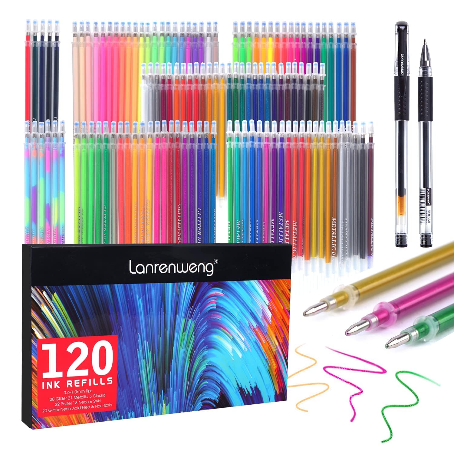 Photo 1 of 120 Colors Gel Pen Ink Refills, LANRENWENG Glitter Neon Gel Ink Pens Refills Replace Cartridges for Glitter Gel Pens Set,for Kids Drawing Adult Coloring Books for Women