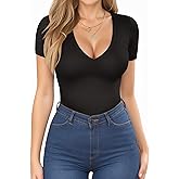 MANGOPOP Womens Deep V Neck Short Sleeve Slim Fit T Shirt Tops Tee