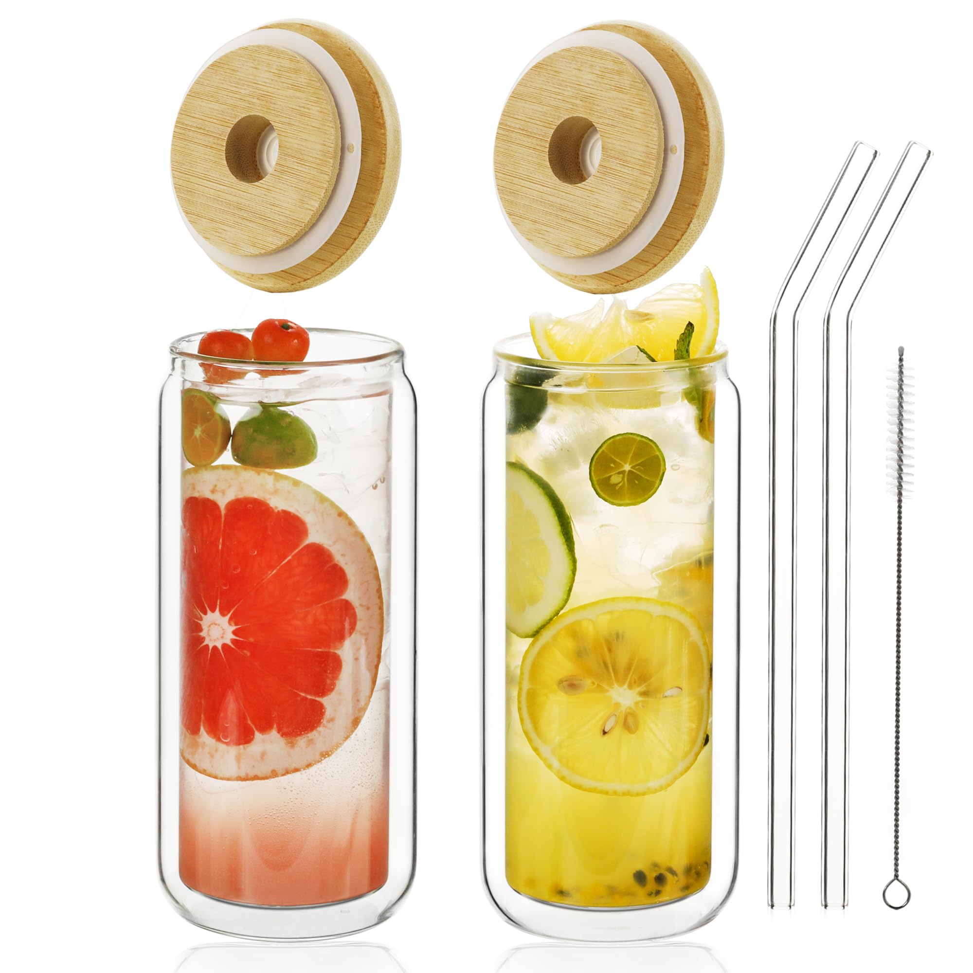 Photo 1 of LIBWYS 16oz Double Wall Drinking Glass Cups with Bamboo Lids and Straws, 2 Pc Set – Condensation Resistant Insulated Glass Can Tumblers for Cold Drinks, Iced Coffee, Tea, Juice, Cleaning Brush