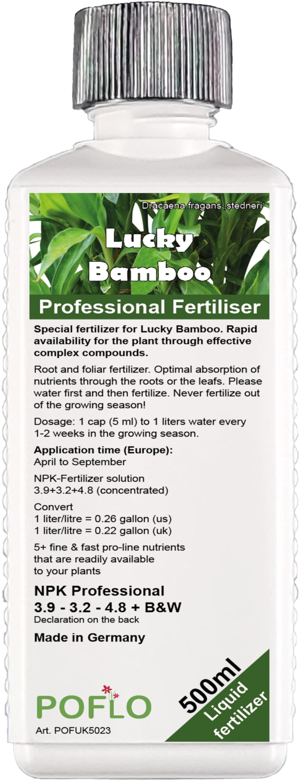 Lucky Bamboo Liquid Fertilizer, NPK for Dracaena braunii, Dracaena sanderiana, Sander's Dracaena, Ribbon dracaena, Curly Bamboo, Chinese water bamboo, Friendship bamboo, Belgian evergreen (500ml)