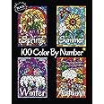 100 Color By Number Spring Summer Autumn Winter (Black Backgrounds): Four Seasons Color By Number Coloring Book for Adults Relaxation