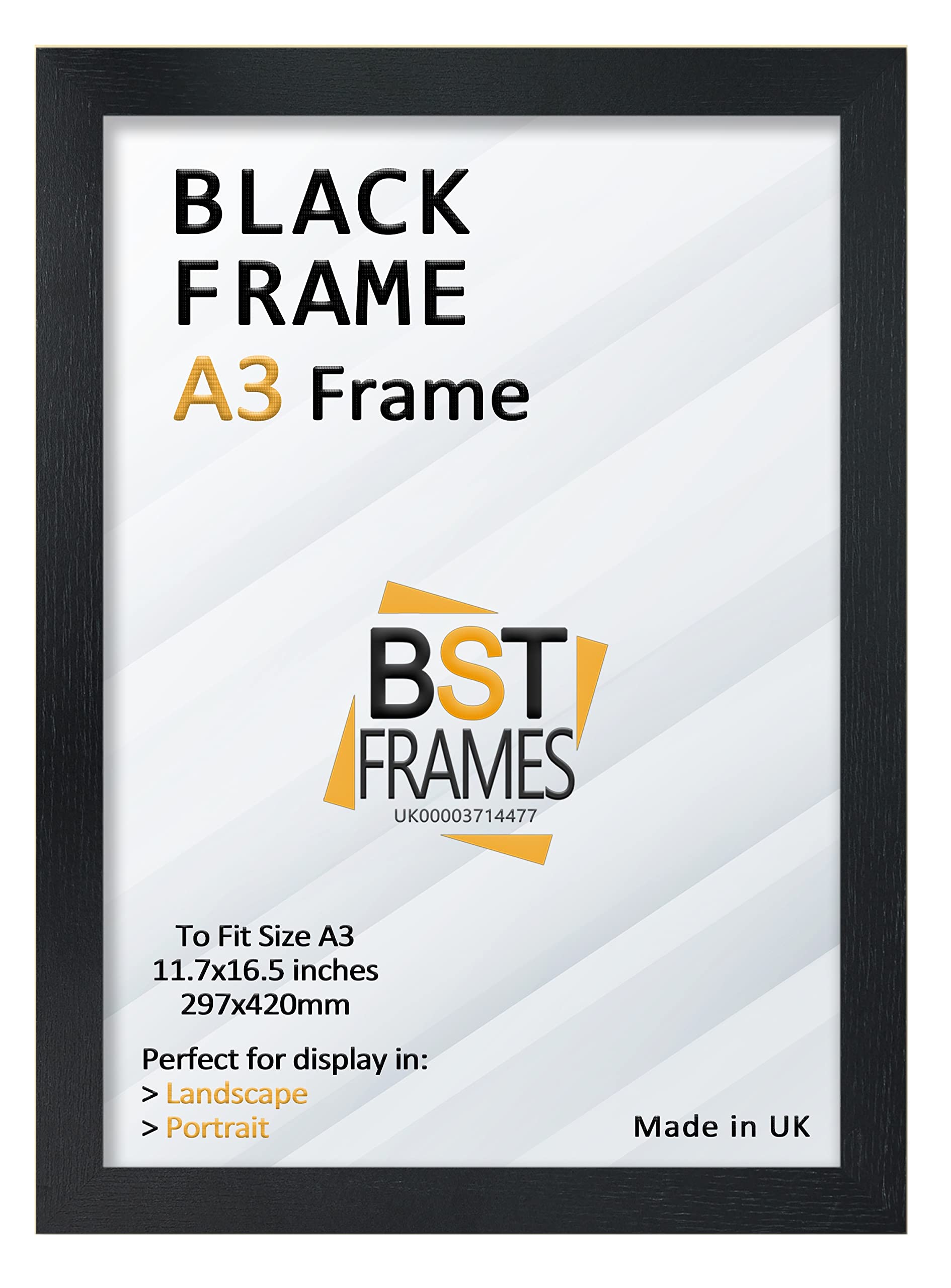 A3 Black Frame in Size 29.7 x 42cm - Picture Frame with Clear Perspex Sheet & Wall Mounted Hook - Poster Frame