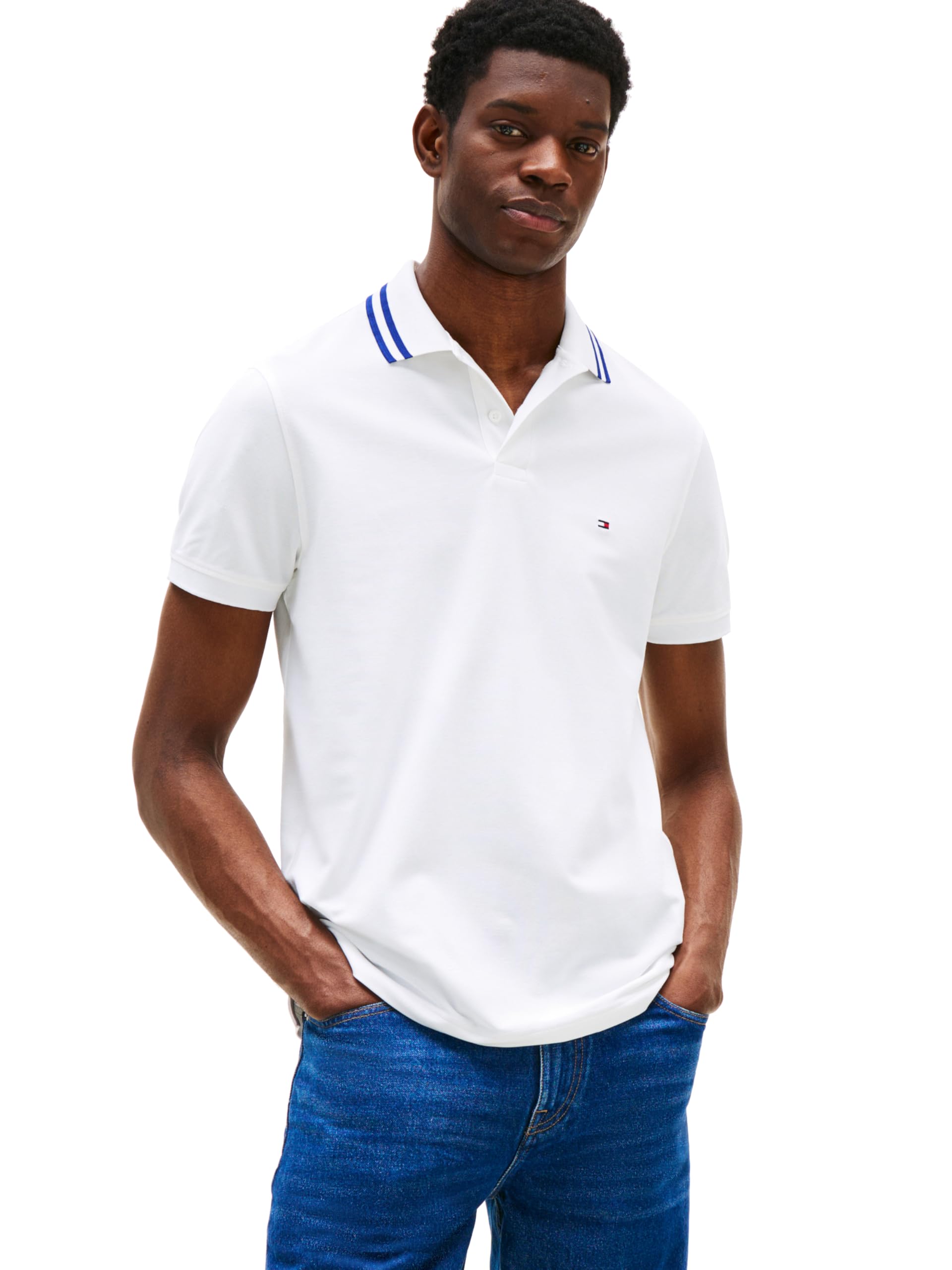 Tommy Hilfiger Men’s Performance Pique Tipped Regular Short Sleeve Polo, White X-Large