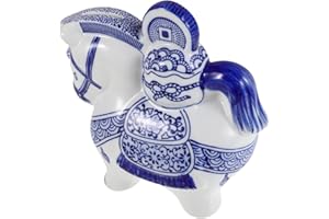 JOINPAYA Blue and White Ceramic Horse Piggy Bank Money Saving Pot for Adults Chinese Zodiac Year Horse Decor