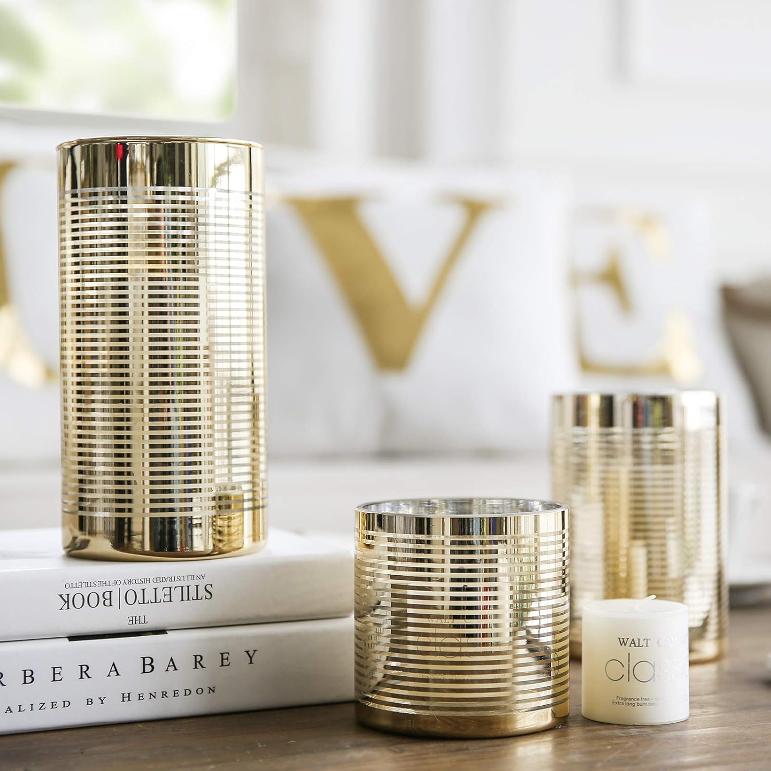Cyl Home Hurricane Candleholders Clear Glass with Unique Golden Striped Decor Dining Table Centerpieces Cylinder Vases Gifts for Wedding Housewarming Christmas Party，7.9'' Height.: Kitchen & Dining
