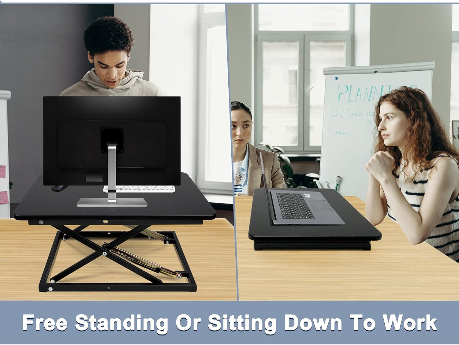 STANDNEE Standing Desk Converter, Height Adjustable Stand up Desk Riser, Fully Assembled Monitor Laptop Riser Workstation, Sit to Stand Desk for Home Office, Black.: Kitchen & Dining