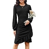 YNIQUE Women's Dress 2024 Long Sleeve Bodycon Mini Dress Round Neck Ribbed Knit Ruffle Cocktail Party Sexy Dresses