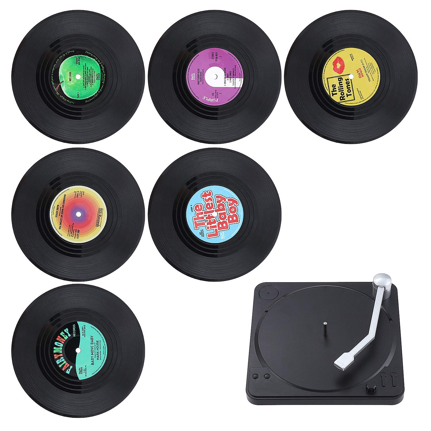 BEEK 6PCS Retro Vinyl Record Coasters with Holder Drink Cup Mat Placemats Non-Slip Insulated Coffee Drink Mat