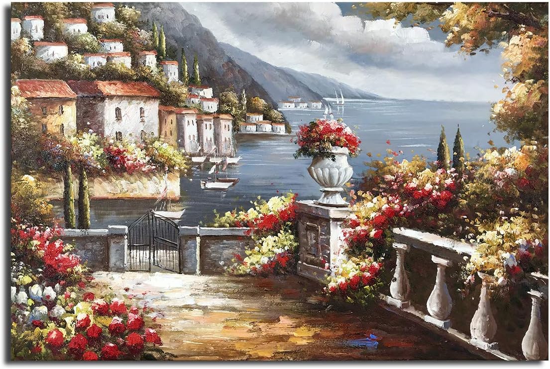 Paintings - Paimuni 100% Hand Painted Canvas Wall Art Italy Town Mediterranean Tuscany Sea Coast Flowers Oil Painting Stretched and Framed Ready to Hang Landscape Scenery Wall Decor 36x24inch