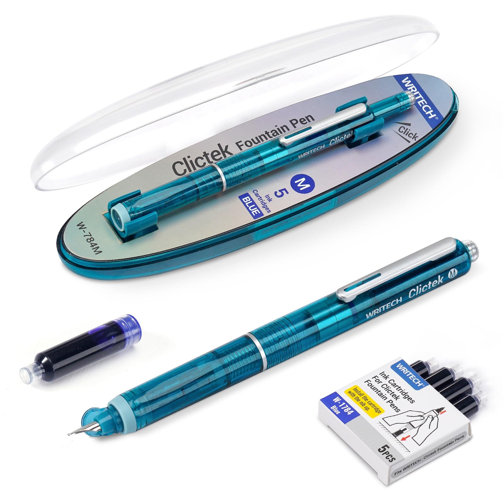Photo 1 of WRITECH Clictek Fountain Pen Set: Retractable Style Blue Ink Medium Nib Transparent Barrel, Includes 5 Ink Cartridges for Gift Set, Smooth Writing No Leaking