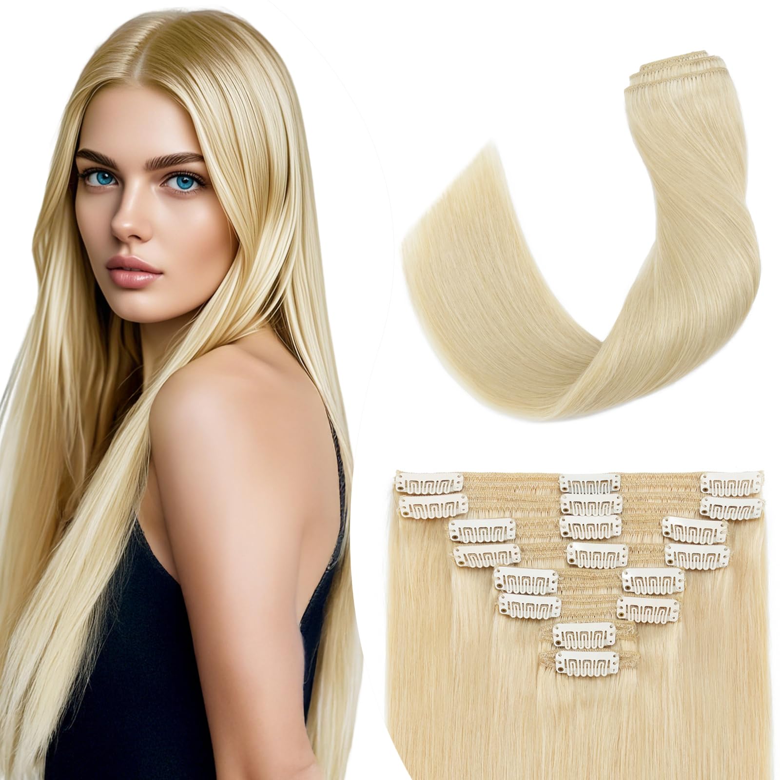 Elailite Clip in Human Hair Extension 8 PCS Double Weft 100% Real Remy Hair - Full Head Thick Straight (18"-140g, #613 Bleach Blonde) — image 1