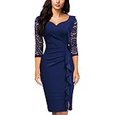 Miusol Women's Classy V-Neck Floral lace 3/4 Sleeve Cocktail Party Dress