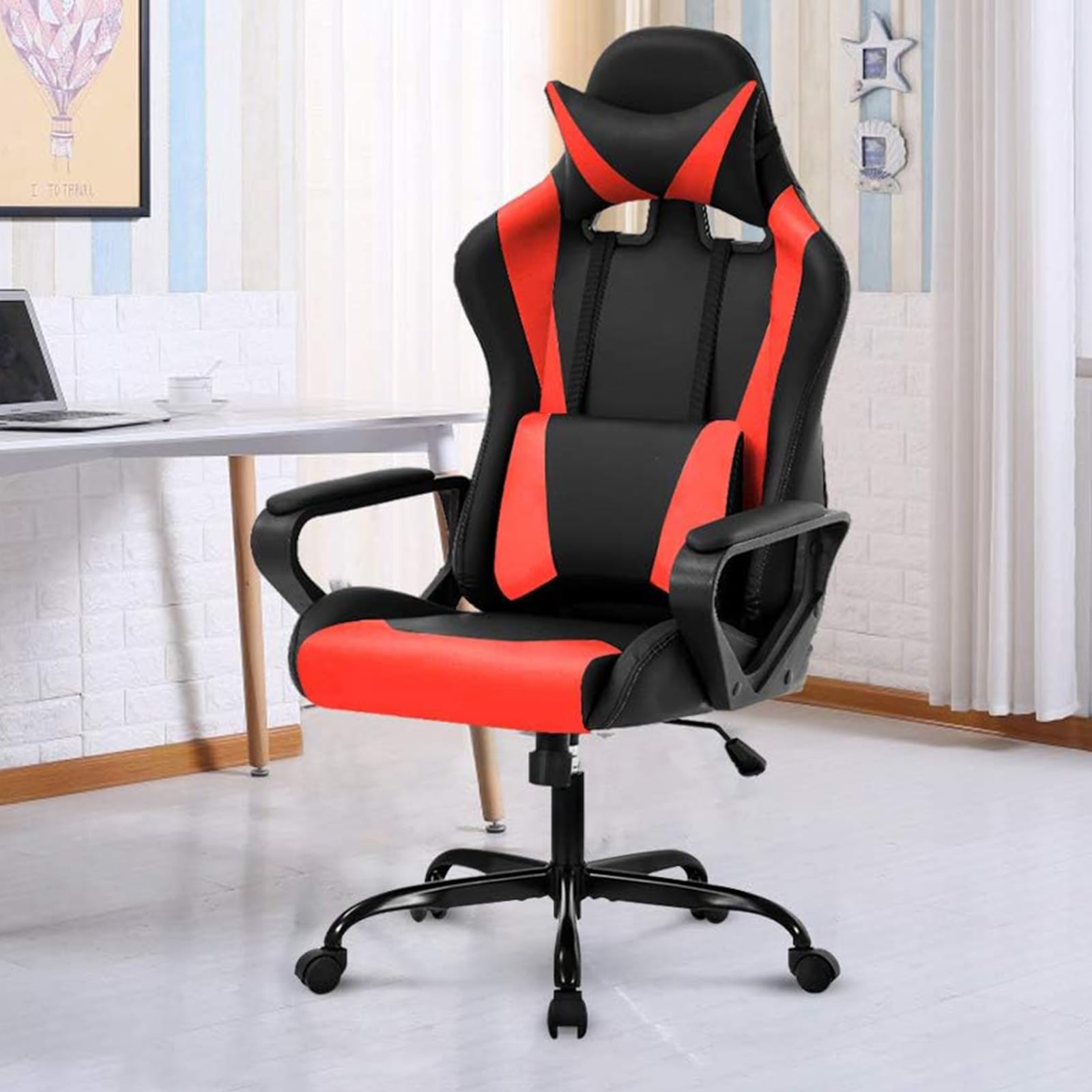 BestShop Silla de oficina moderna ergonómica con respaldo alto de piel sintética y soporte lumbar, color rojo
