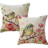 Watercolor Birds Flowers Decorative Pillowcases 2pack Spring Summer Patio Decor Cushion Cover Farmhouse Rustic Birds Floral Pillow Covers 18 x 18 Inches for Sofa Couch Porch (Pink/Green)