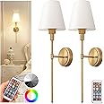 DORESshop Battery Operated Wall Sconce Set of 2, Wall Light Wireless Easy to Install Remote Control, Dimmable and Adjustable Sconces Wall Decor, Rechargeable Wall Lamp for Bedroom, Living Room, Gold