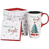 Topadorn Ceramic Coffee Mug Tall Ceramic Christmas Cup with Lid and Matching Color Box.17 oz.Christmas Tree