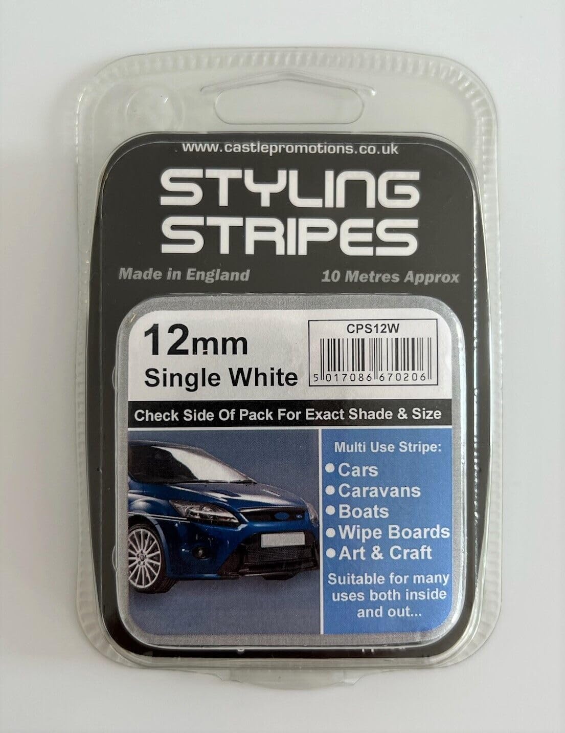 Pin Stripe 12mm x 10mtr Self Adhesive Car Pin Stripe Black - White - Red - Gold - Silver Coach Tape Styling Stripe (White)