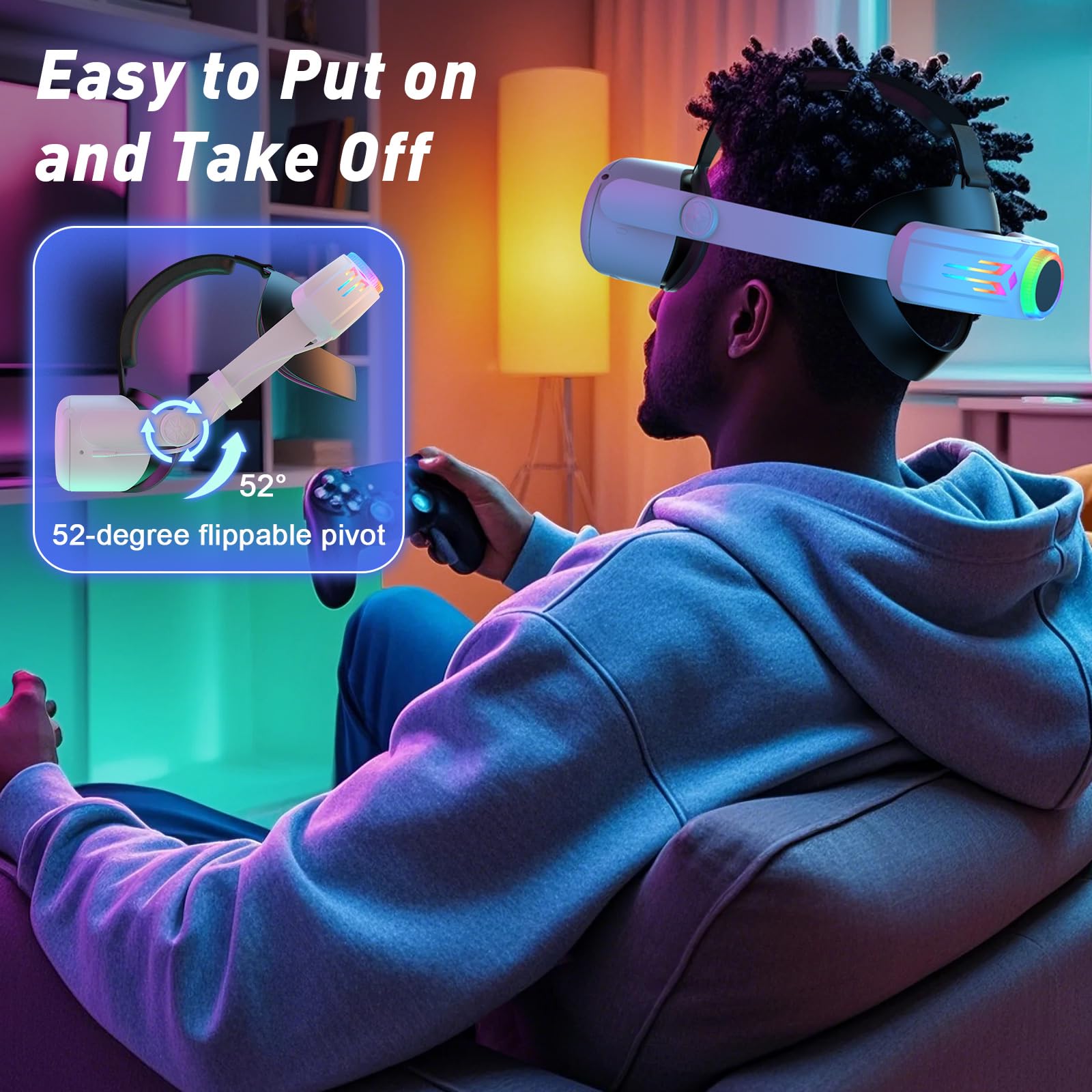 RGB Head Strap with 12000mAh Battery for Oculus Quest 2, Battery Pack for Extended 8 Hrs of Playtime, Fast Charging VR Power, Adjustable Elite Strap Enhanced Support and Balance for Meta Quest 2