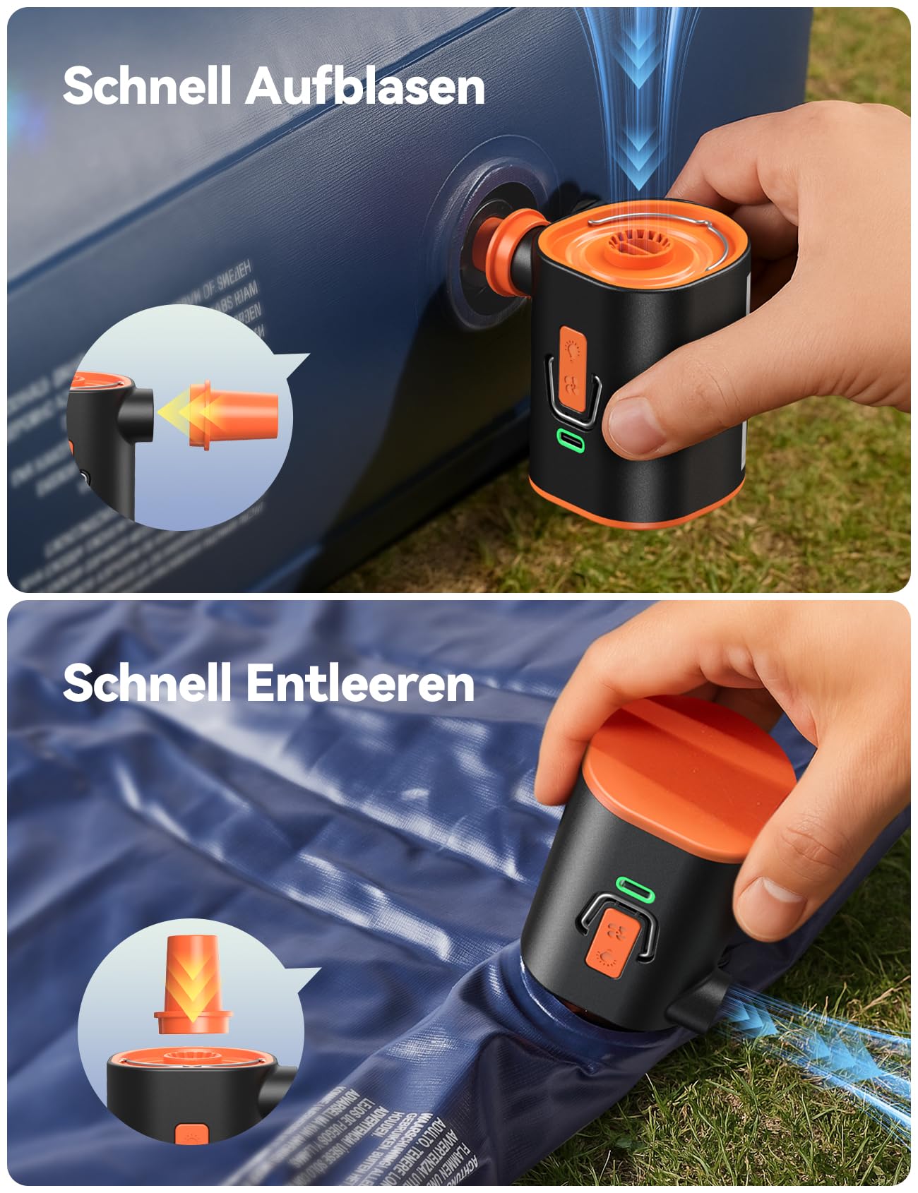 JOYROOM Elektrische Luftpumpe Kompakte für Luftmatratze mit Campinglampe, 4.8 kPa Wiederaufladbare Luftpumpe Luftmatratze mit 3600 mAh Akku Inklusive 6 Düsen Für Luftkissen Schwimmring Vakuumbeutel 8