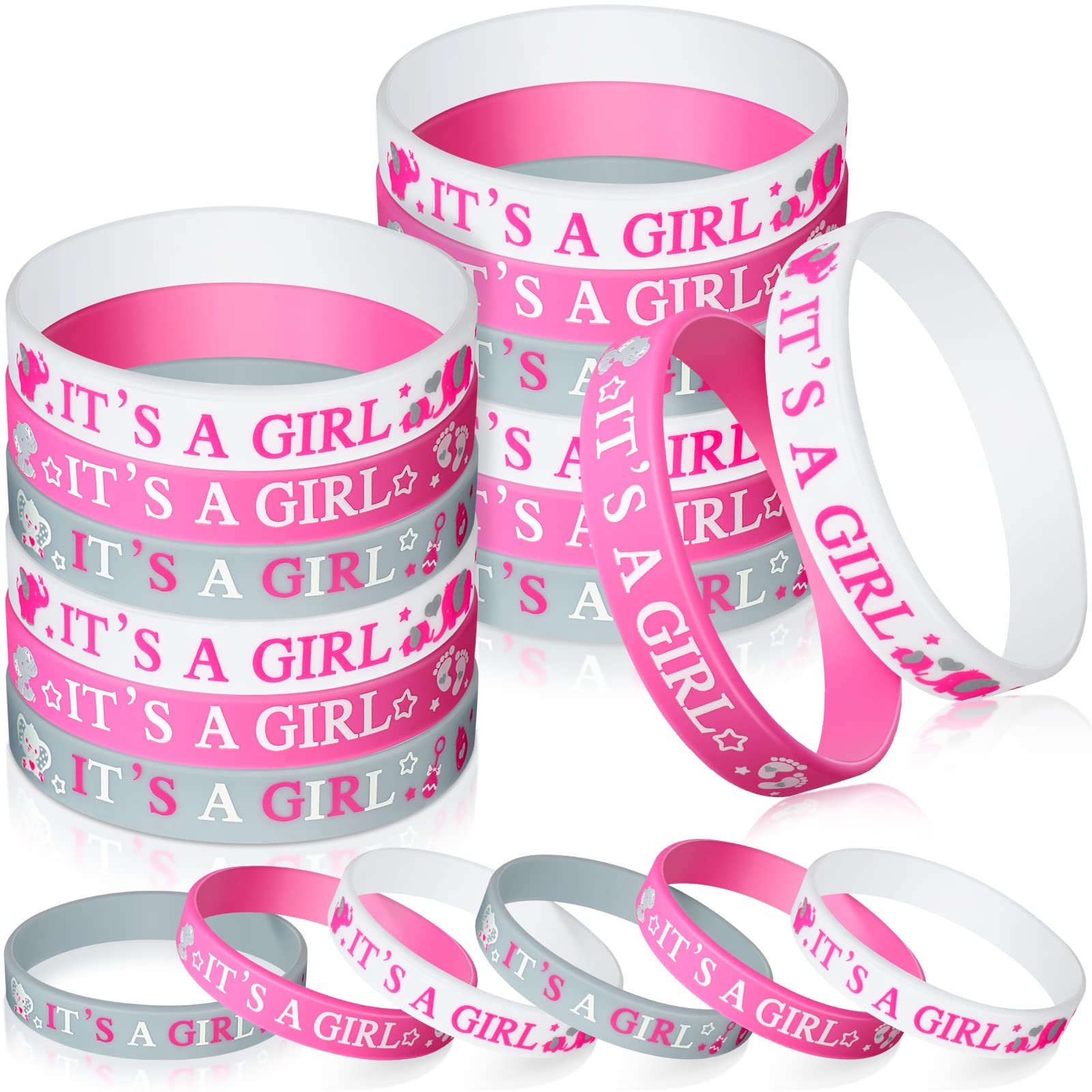 Zomiboo 36 Pieces Baby Shower Rubber Bracelets, It's a Boy It's a Girl Wristbands Elephant Baby Shower Decorations for Boy Girl Baby Shower Party Favor Gender Reveal Party Supplies(Girl Style)