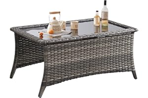 Belord Outdoor Coffee Table with Tempered Glass Top, Patio Rectangular Mixed Grey Wicker Table, Handwoven Rattan Coffee Table Compatible with Patio Furniture Sets for Porch Deck Backyard