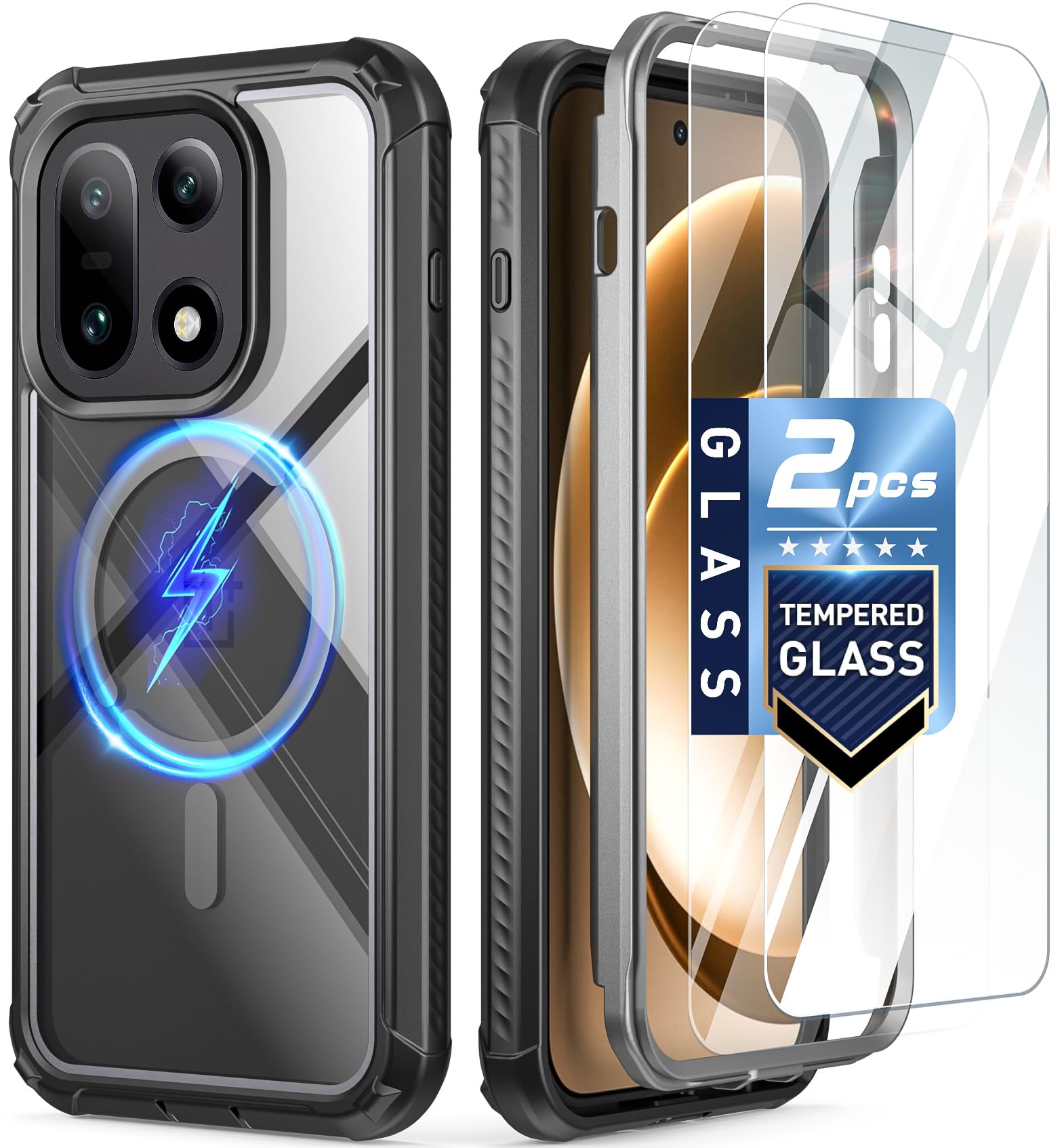 Poetic Guardian Case for OnePlus 15 5G, | Magsafe Compatible |2 Tempered Glass Screen Protector | Work with Fingerprint ID |, Full Body Shockproof Rugged Clear Cover Case, Black/Clear