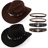2 Pack Cowboy Hats for Women and Men Western Cowgirl Classic Felt Wide Brim Costume Hat Wide Breathable Hats Black and Brown