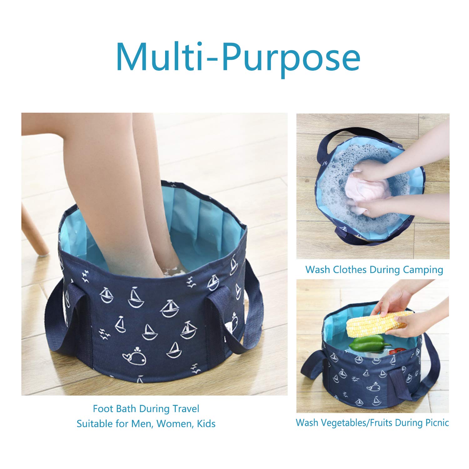 Collapsible Foot Bath Tub for Travel, Portable Foot Soak Spa Basin Multifunctional Folding Water Bucket for Soaking Feet, Washing Vegetables and Fruits, Outdoor, Camping (17L, Dark Blue): Beauty