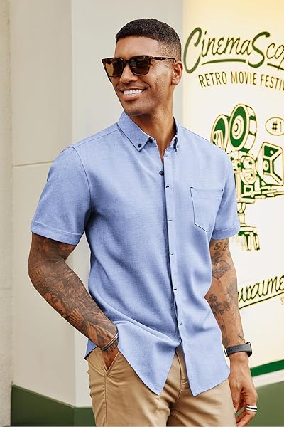 PJ PAUL JONES MENS CASUAL DRESS SHIRT SHORT SLEEVE BUTTON DOWN SHIRT SUMMER BEACH TEXTURED SHIRTS LIGHT BLUE S