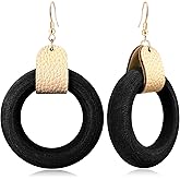 GPASTG Handmade Bohemian Big Vintage Natural Wooden Hollow Round Circle Dangle Drop Earrings for Women Leather Geometry Hook Earring