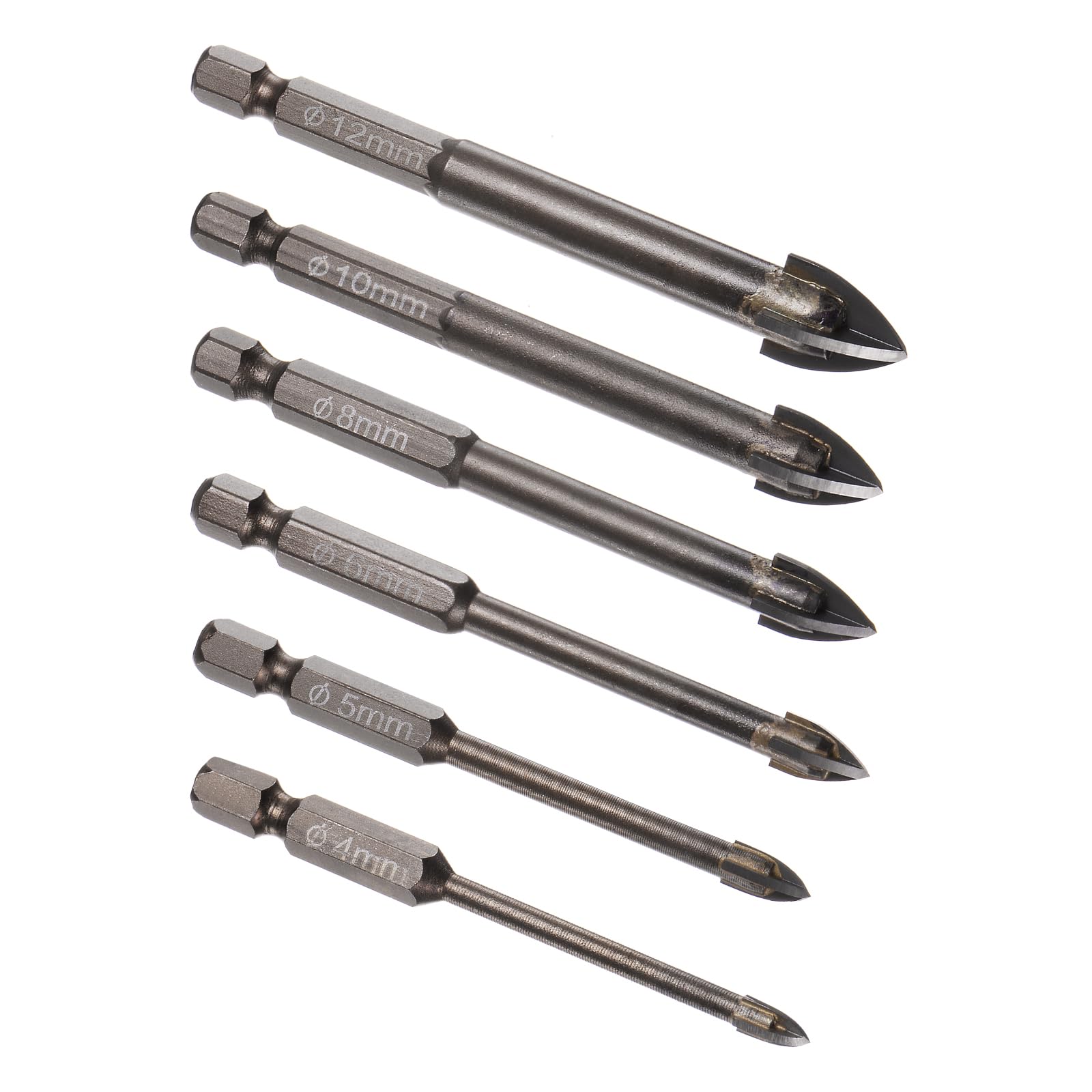 Kozelo 6pcs Masonry Drill Bit Set - [ 4mm to 12mm ] Concrete Drill Bit Set for Brick/Glass/Plastic/Ceramic Tile Use, 1/4" Hex Shank, Carbide Tipped, High Speed Steel